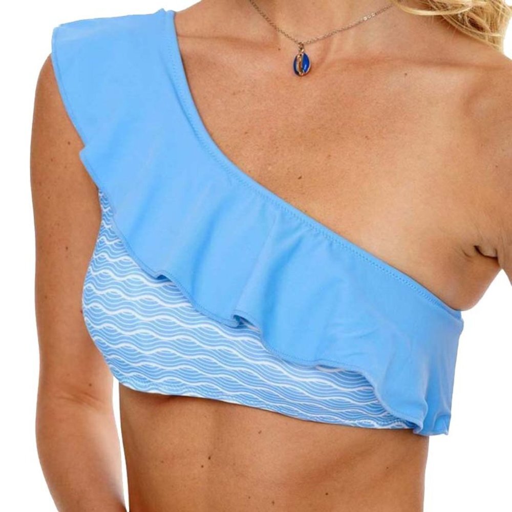 NWT Southern Tide Ocean Channel Waves Ruffle Asymmetrical Bikini Top Small S